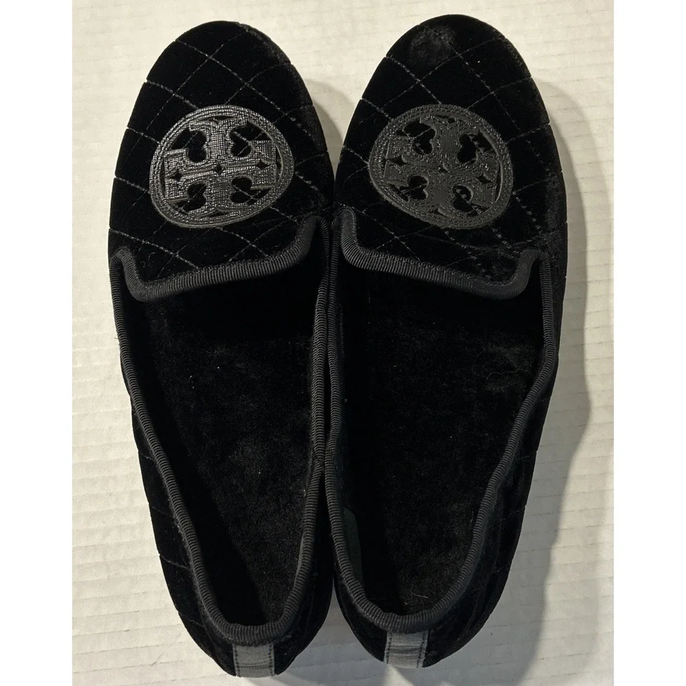 Tory Burch Black Billy Quilted Velvet Loafer Slippers Size 7